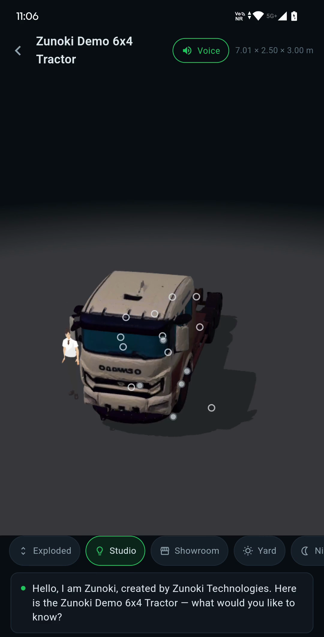 A 6x4 tractor unit standing at full size with a person beside it for scale, labelled 7.01 by 2.50 by 3.00 metres.